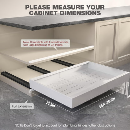 Pull Out Cabinet Organizer 22" Deep,Full Extension 3 Slide Rails Slide Out Drawers With Raising Pad for Framed Cabinets,Expandable Width (12.3"-20.5"),No Drill Roll Out shelf,White