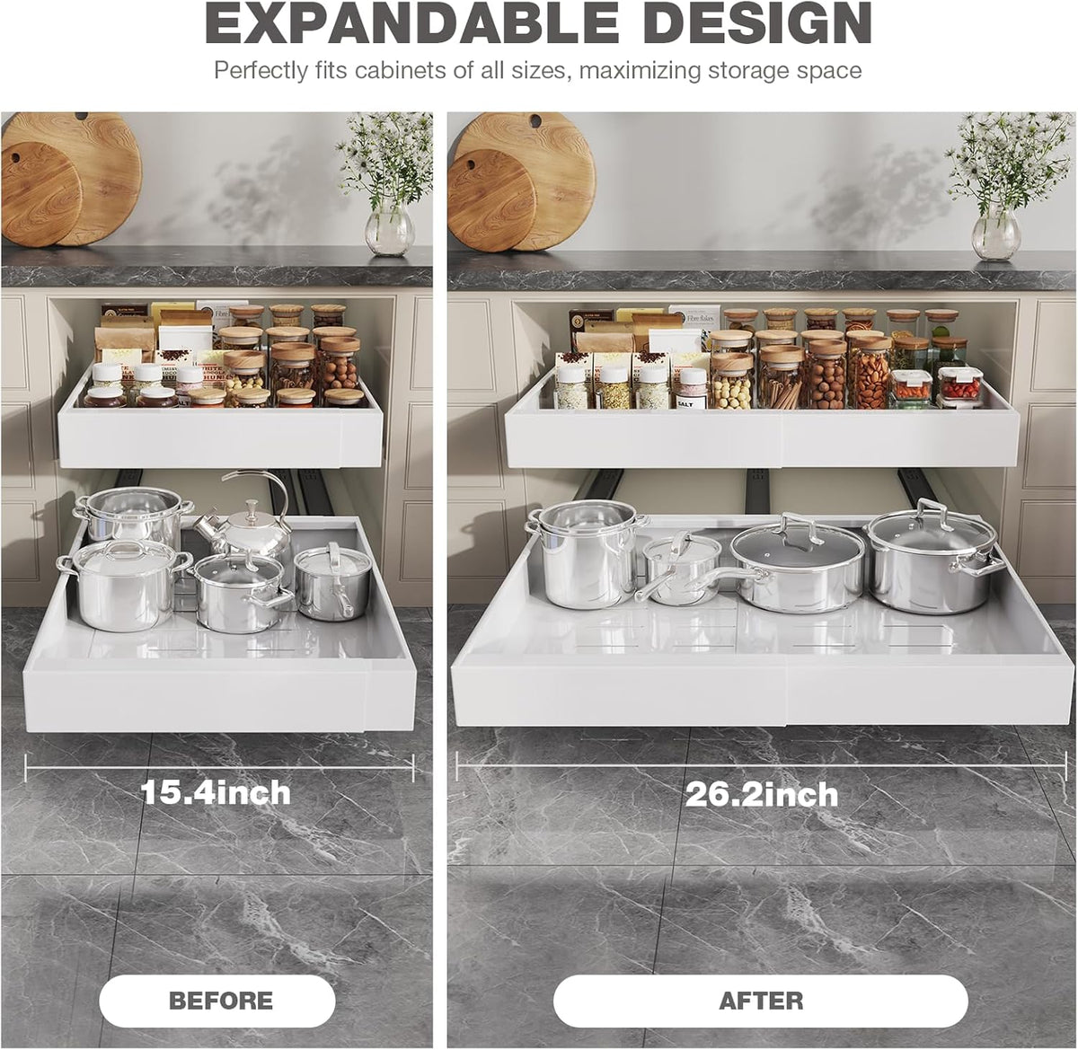 Pull Out Cabinet Organizer 22" Deep,Full Extension 3 Slide Rails Slide Out Drawers With Raising Pad for Framed Cabinets,Expandable Width (12.3"-20.5"),No Drill Roll Out shelf,White
