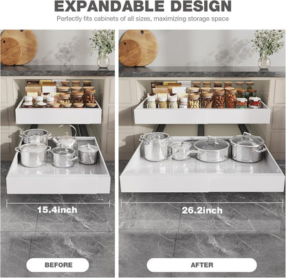 Pull Out Cabinet Organizer 22" Deep,Full Extension 3 Slide Rails Slide Out Drawers With Raising Pad for Framed Cabinets,Expandable Width (12.3"-20.5"),No Drill Roll Out shelf,White
