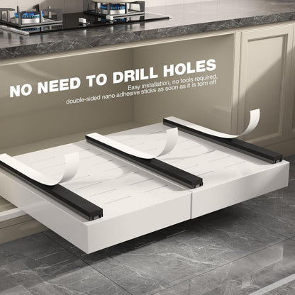 Pull Out Cabinet Organizer 22" Deep,Full Extension 3 Slide Rails Slide Out Drawers With Raising Pad for Framed Cabinets,Expandable Width (12.3"-20.5"),No Drill Roll Out shelf,White