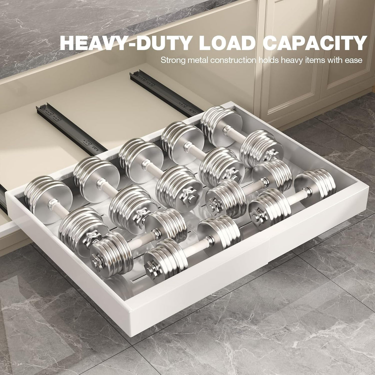 Pull Out Cabinet Organizer 22" Deep,Full Extension 3 Slide Rails Slide Out Drawers With Raising Pad for Framed Cabinets,Expandable Width (12.3"-20.5"),No Drill Roll Out shelf,White