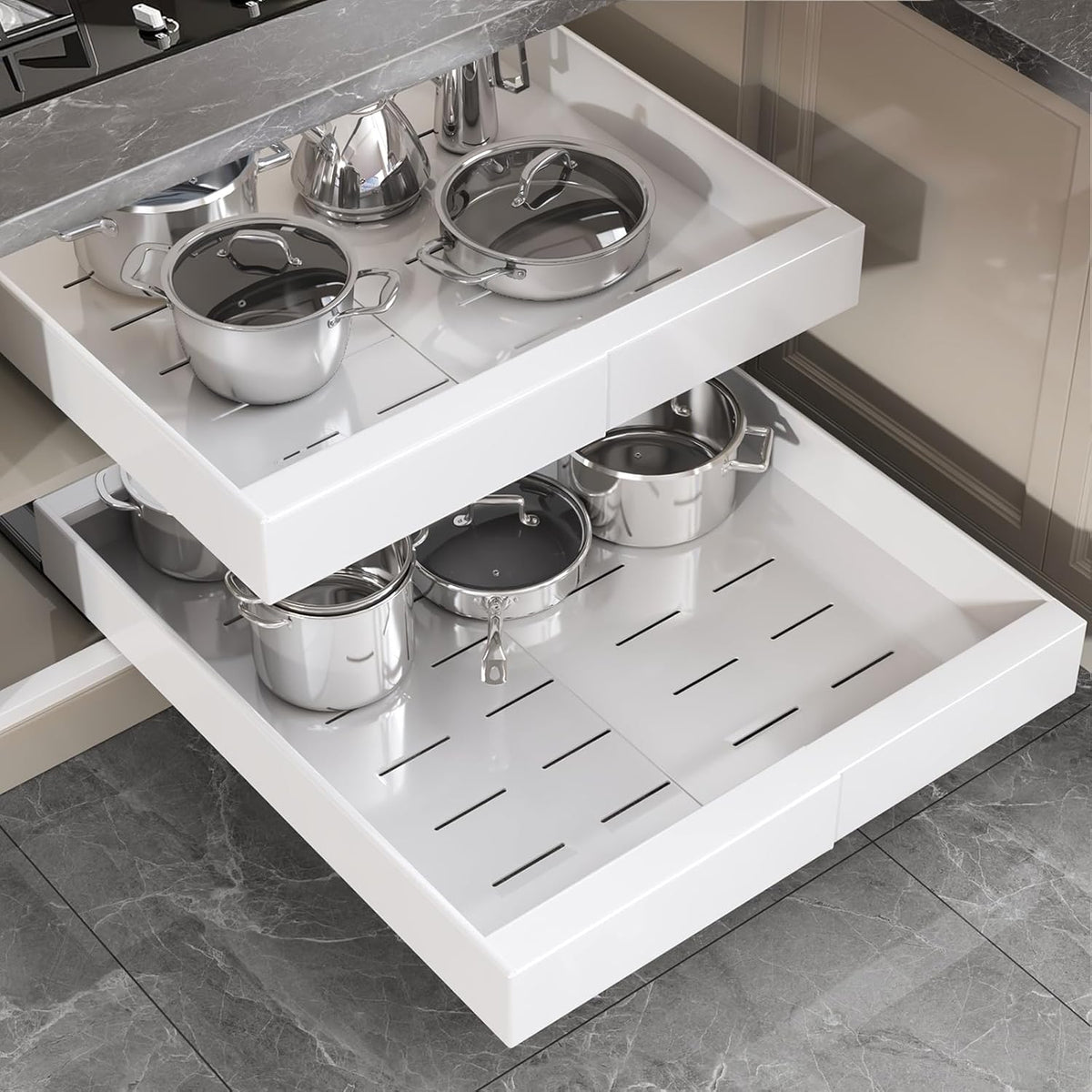 Pull Out Cabinet Organizer 22" Deep,Full Extension 3 Slide Rails Slide Out Drawers With Raising Pad for Framed Cabinets,Expandable Width (12.3"-20.5"),No Drill Roll Out shelf,White