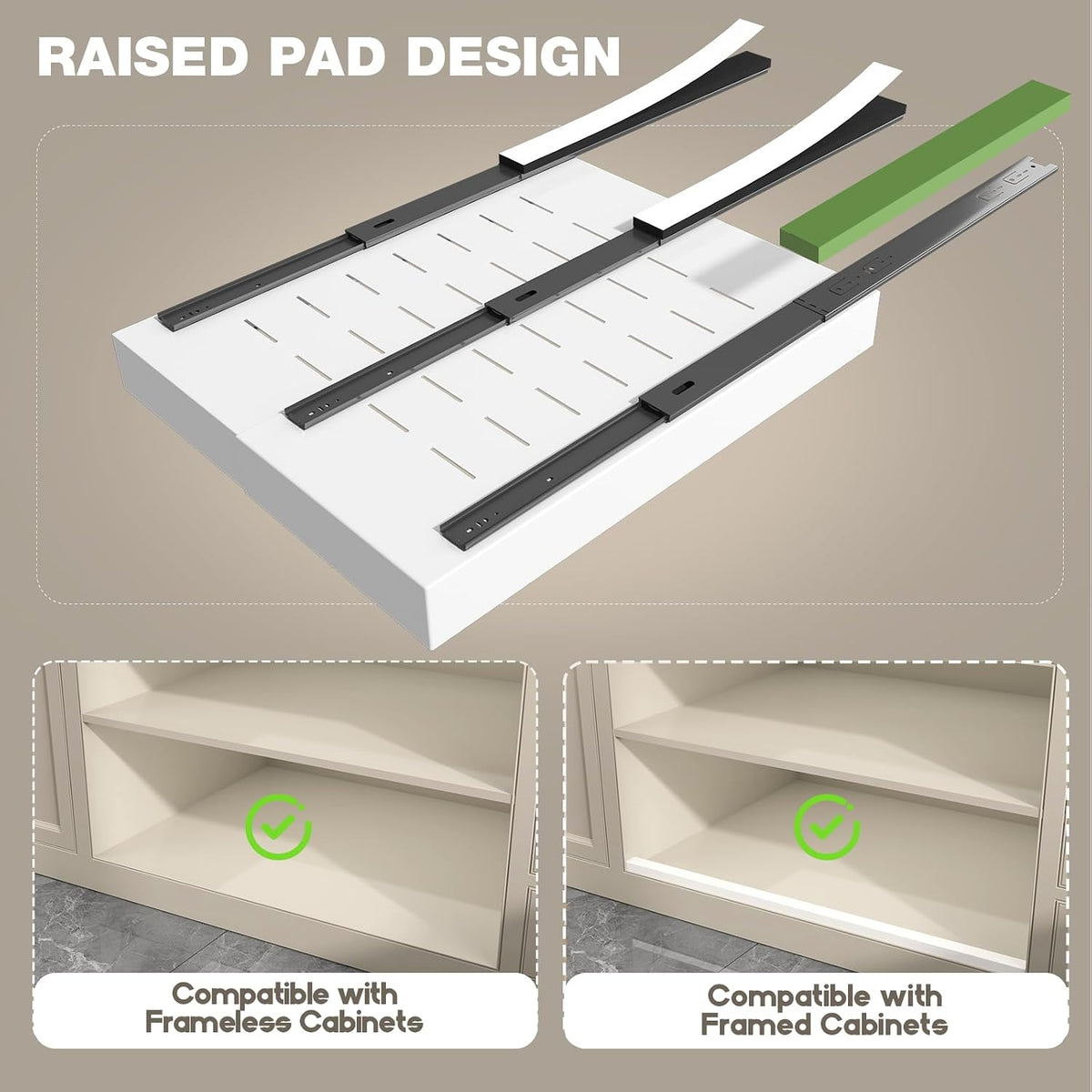 Pull Out Cabinet Organizer 22" Deep,Full Extension 3 Slide Rails Slide Out Drawers With Raising Pad for Framed Cabinets,Expandable Width (12.3"-20.5"),No Drill Roll Out shelf,White