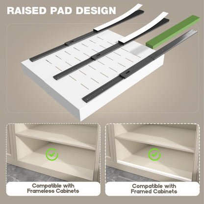 Pull Out Cabinet Organizer 22" Deep,Full Extension 3 Slide Rails Slide Out Drawers With Raising Pad for Framed Cabinets,Expandable Width (12.3"-20.5"),No Drill Roll Out shelf,White
