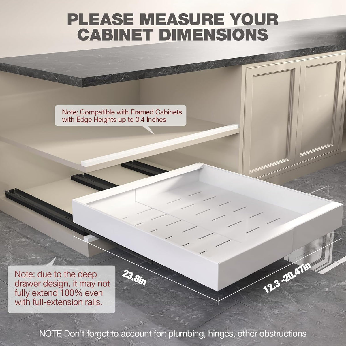 Pull Out Cabinet Organizer 22" Deep,Full Extension 3 Slide Rails Slide Out Drawers With Raising Pad for Framed Cabinets,Expandable Width (12.3"-20.5"),No Drill Roll Out shelf,White