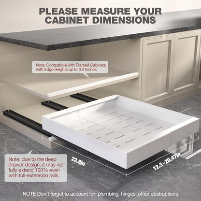Pull Out Cabinet Organizer 22" Deep,Full Extension 3 Slide Rails Slide Out Drawers With Raising Pad for Framed Cabinets,Expandable Width (12.3"-20.5"),No Drill Roll Out shelf,White