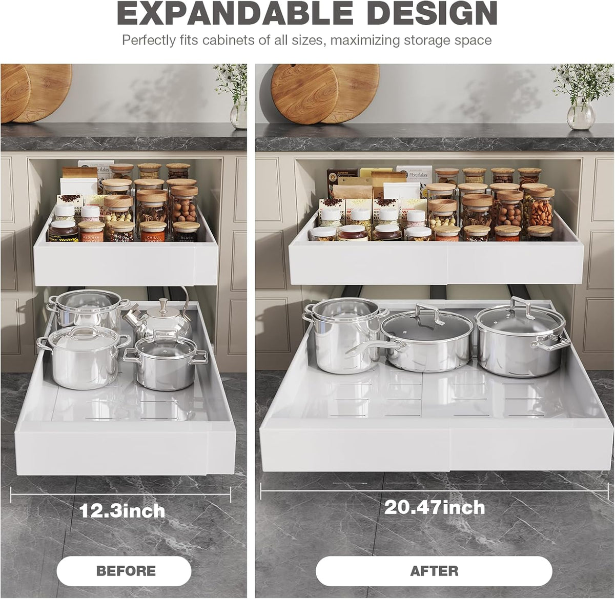 Pull Out Cabinet Organizer 22" Deep,Full Extension 3 Slide Rails Slide Out Drawers With Raising Pad for Framed Cabinets,Expandable Width (12.3"-20.5"),No Drill Roll Out shelf,White