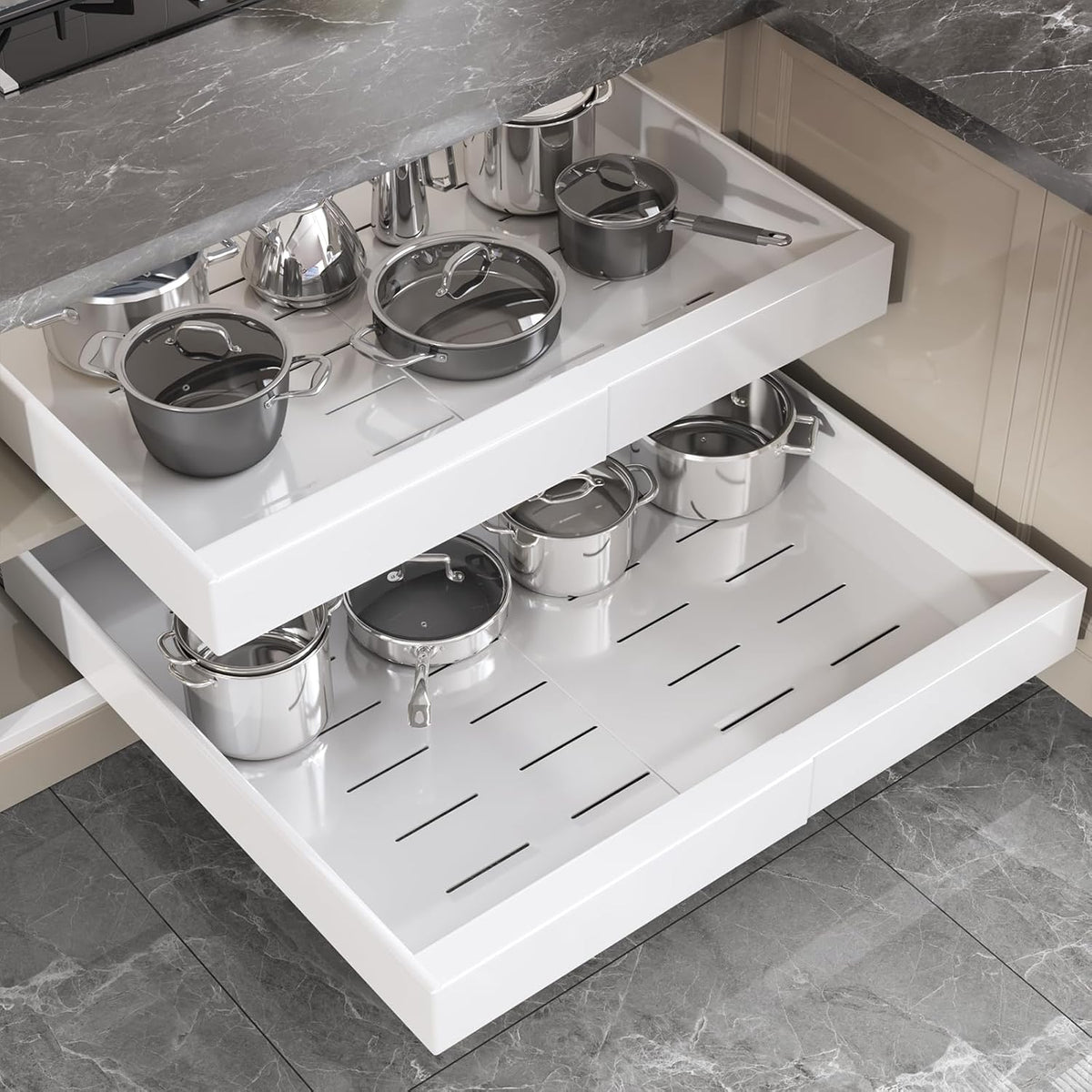 Pull Out Cabinet Organizer 22" Deep,Full Extension 3 Slide Rails Slide Out Drawers With Raising Pad for Framed Cabinets,Expandable Width (12.3"-20.5"),No Drill Roll Out shelf,White