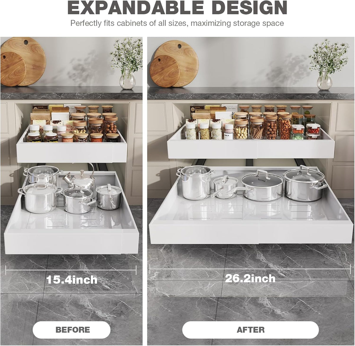 Pull Out Cabinet Organizer 22" Deep,Full Extension 3 Slide Rails Slide Out Drawers With Raising Pad for Framed Cabinets,Expandable Width (12.3"-20.5"),No Drill Roll Out shelf,White