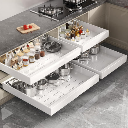 Pull Out Cabinet Organizer 22" Deep,Full Extension 3 Slide Rails Slide Out Drawers With Raising Pad for Framed Cabinets,Expandable Width (12.3"-20.5"),No Drill Roll Out shelf,White