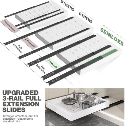 Pull Out Cabinet Organizer 22" Deep,Full Extension 3 Slide Rails Slide Out Drawers With Raising Pad for Framed Cabinets,Expandable Width (12.3"-20.5"),No Drill Roll Out shelf,White