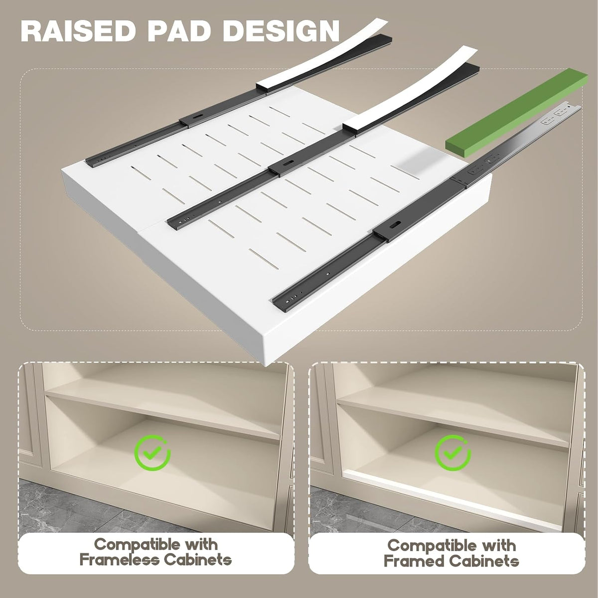Pull Out Cabinet Organizer 22" Deep,Full Extension 3 Slide Rails Slide Out Drawers With Raising Pad for Framed Cabinets,Expandable Width (12.3"-20.5"),No Drill Roll Out shelf,White