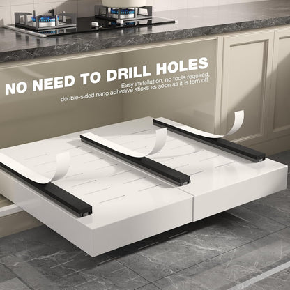 Pull Out Cabinet Organizer 22" Deep,Full Extension 3 Slide Rails Slide Out Drawers With Raising Pad for Framed Cabinets,Expandable Width (12.3"-20.5"),No Drill Roll Out shelf,White