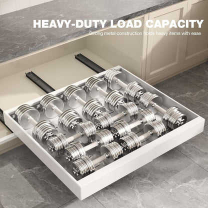 Pull Out Cabinet Organizer 22" Deep,Full Extension 3 Slide Rails Slide Out Drawers With Raising Pad for Framed Cabinets,Expandable Width (12.3"-20.5"),No Drill Roll Out shelf,White