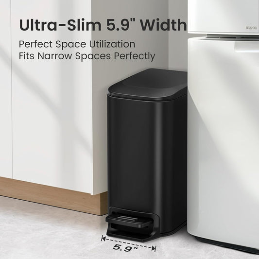 Small Bathroom Trash Can with Lid, 1.6 Gal, Soft Close, Matte Black