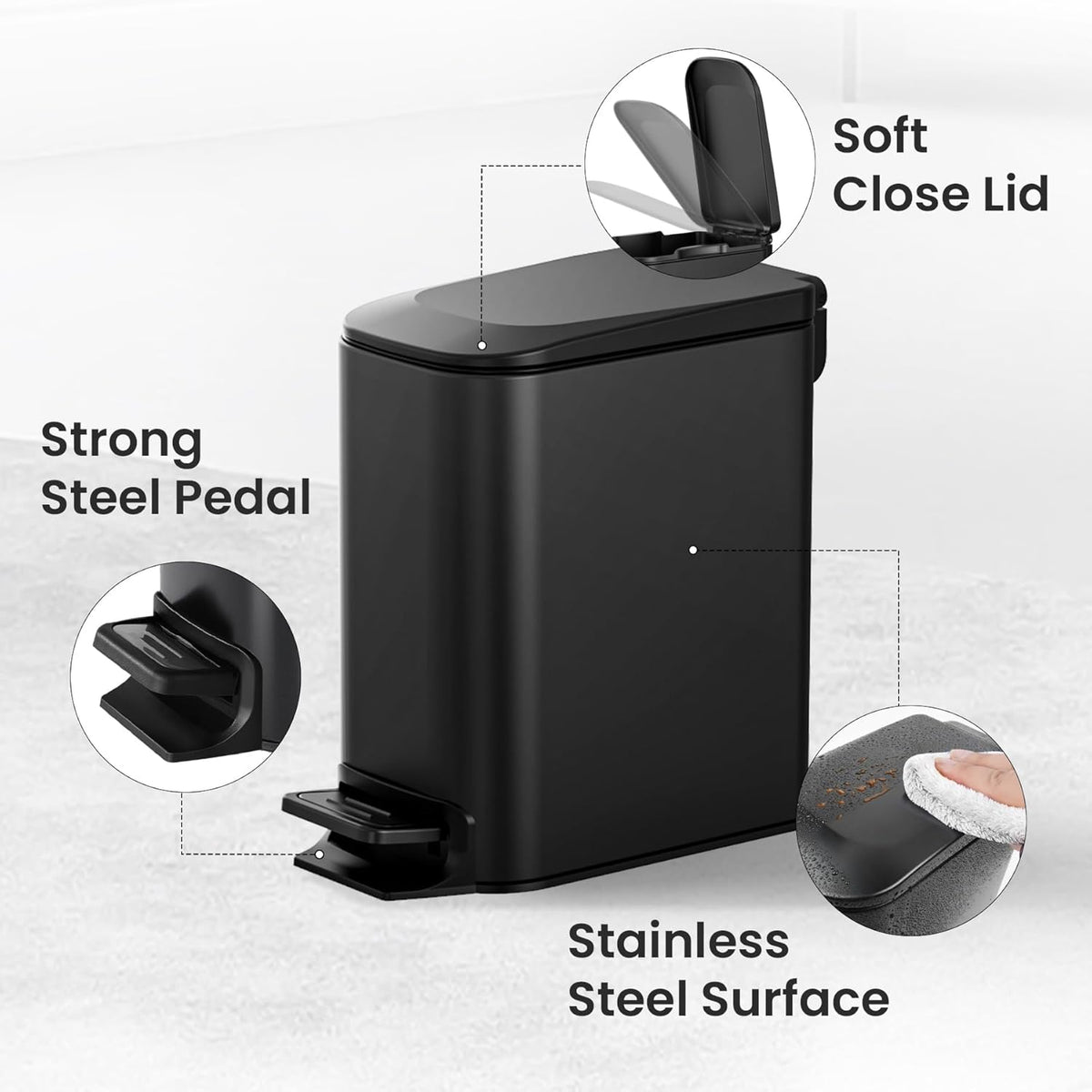 Small Bathroom Trash Can with Lid, 1.6 Gal, Soft Close, Matte Black
