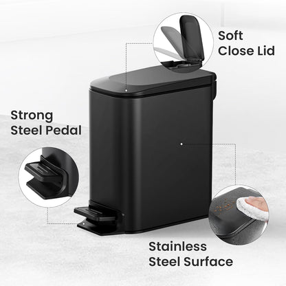 Small Bathroom Trash Can with Lid, 1.6 Gal, Soft Close, Matte Black