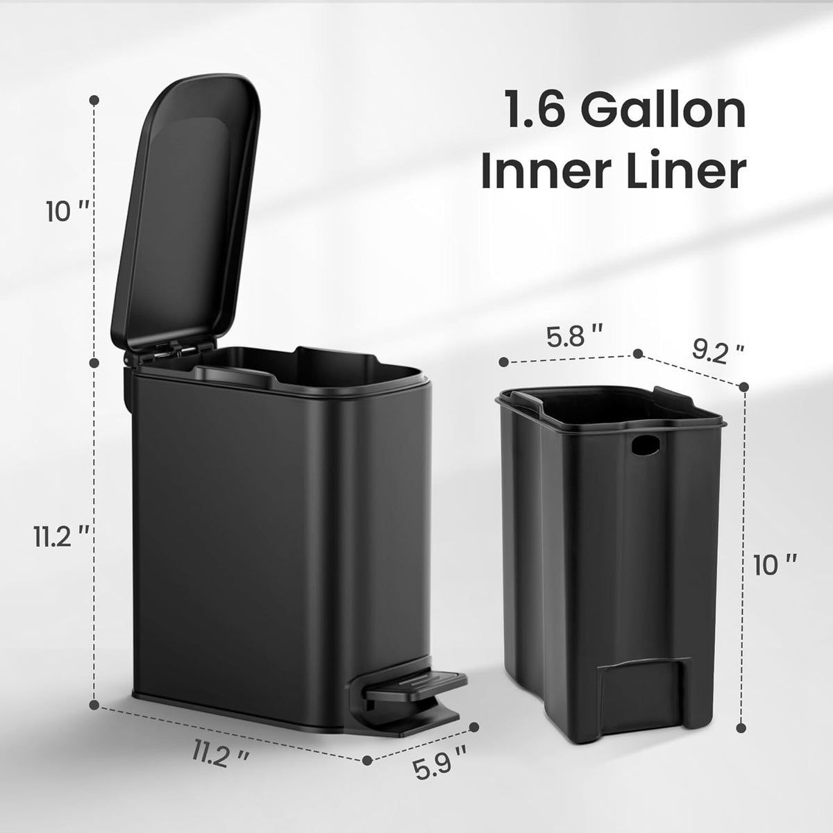 Small Bathroom Trash Can with Lid, 1.6 Gal, Soft Close, Matte Black