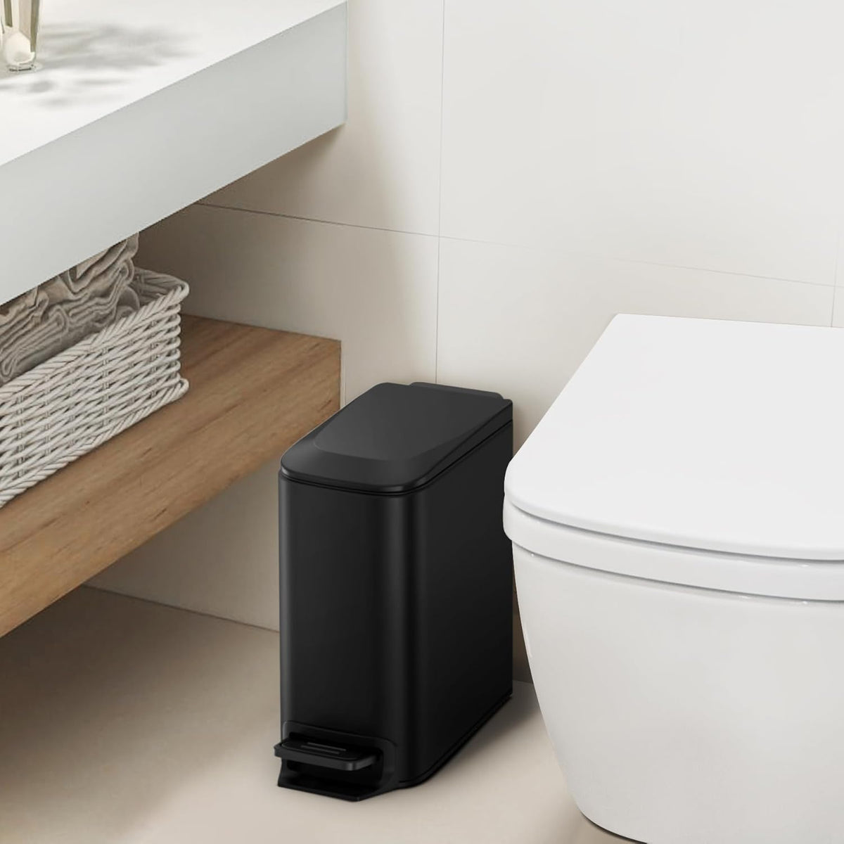Small Bathroom Trash Can with Lid, 1.6 Gal, Soft Close, Matte Black