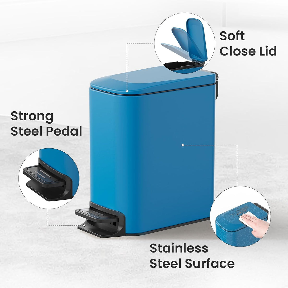 Small Bathroom Trash Can with Lid, 1.6 Gal, Soft Close, Matte Black