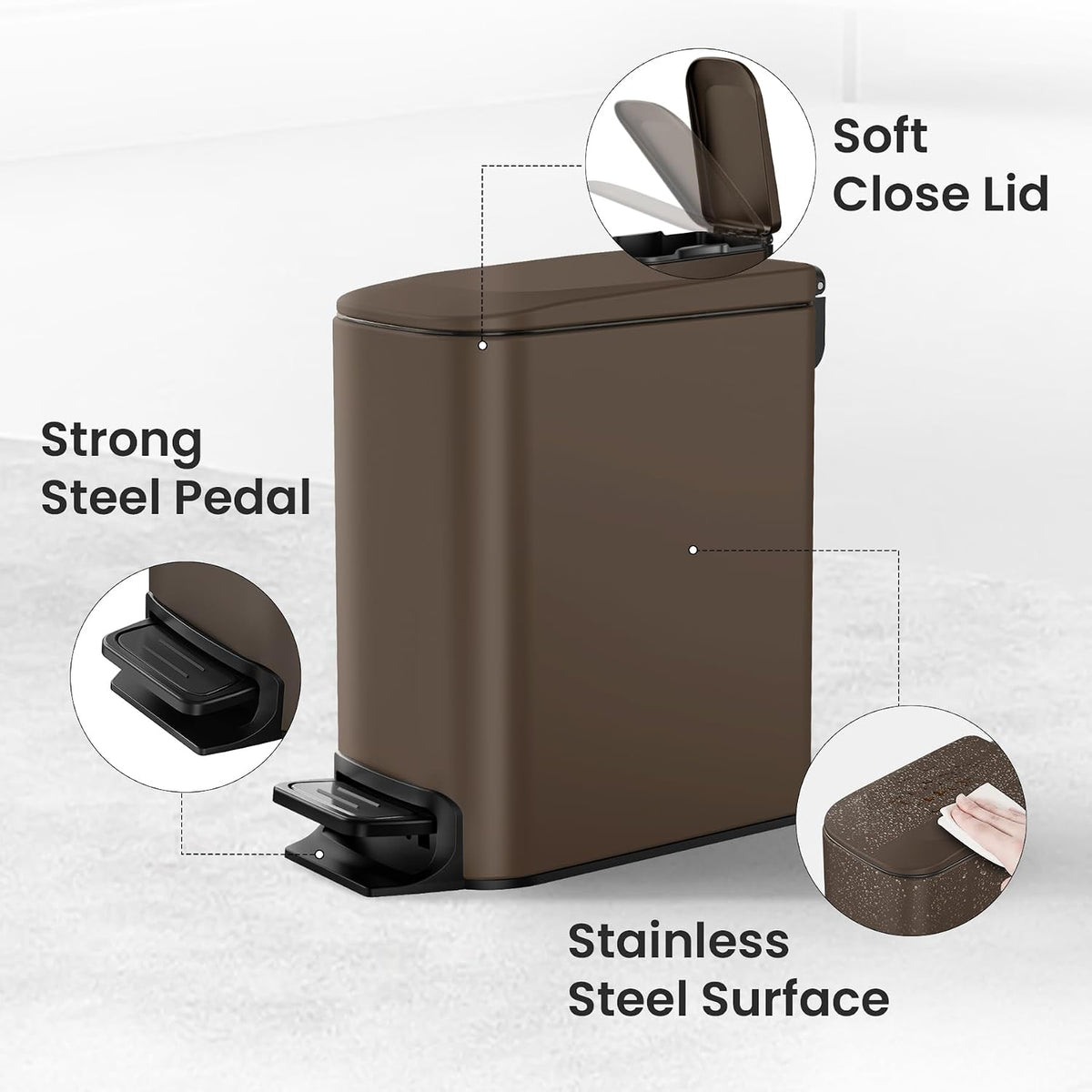 Small Bathroom Trash Can with Lid, 1.6 Gal, Soft Close, Matte Black