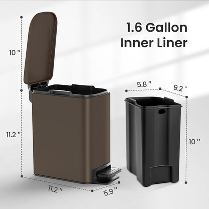 Small Bathroom Trash Can with Lid, 1.6 Gal, Soft Close, Matte Black