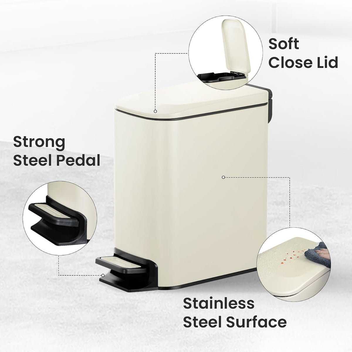 Small Bathroom Trash Can with Lid, 1.6 Gal, Soft Close, Matte Black
