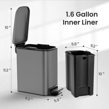 Small Bathroom Trash Can with Lid, 1.6 Gal, Soft Close, Matte Black
