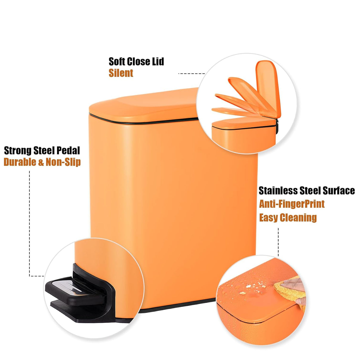 Small Bathroom Trash Can with Lid, 1.6 Gal, Soft Close, Matte Black