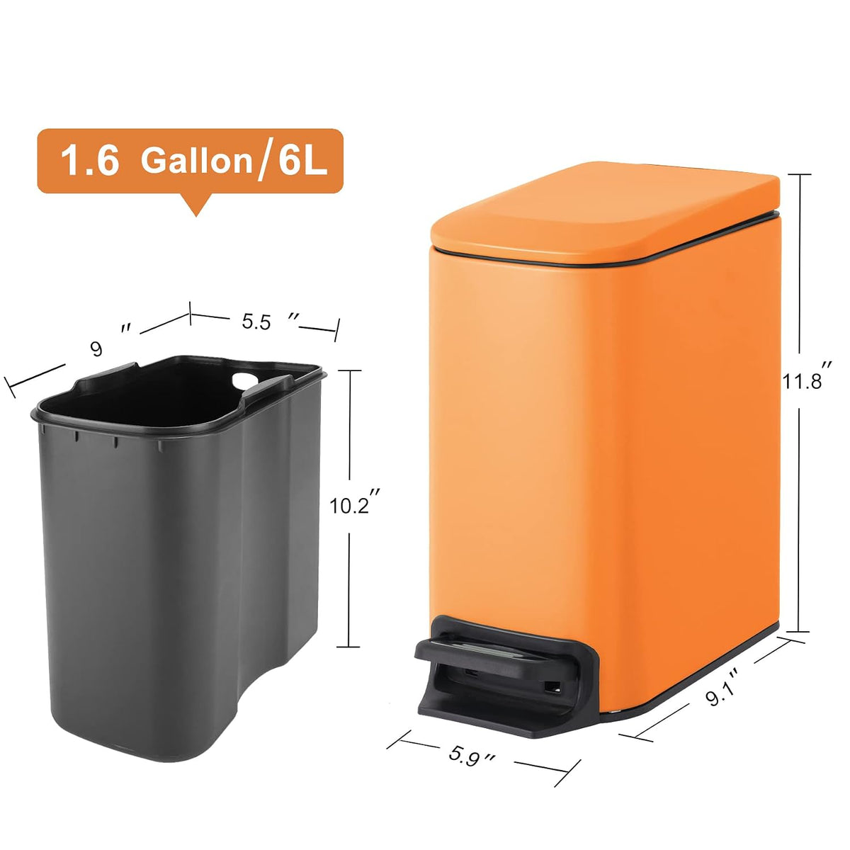 Small Bathroom Trash Can with Lid, 1.6 Gal, Soft Close, Matte Black