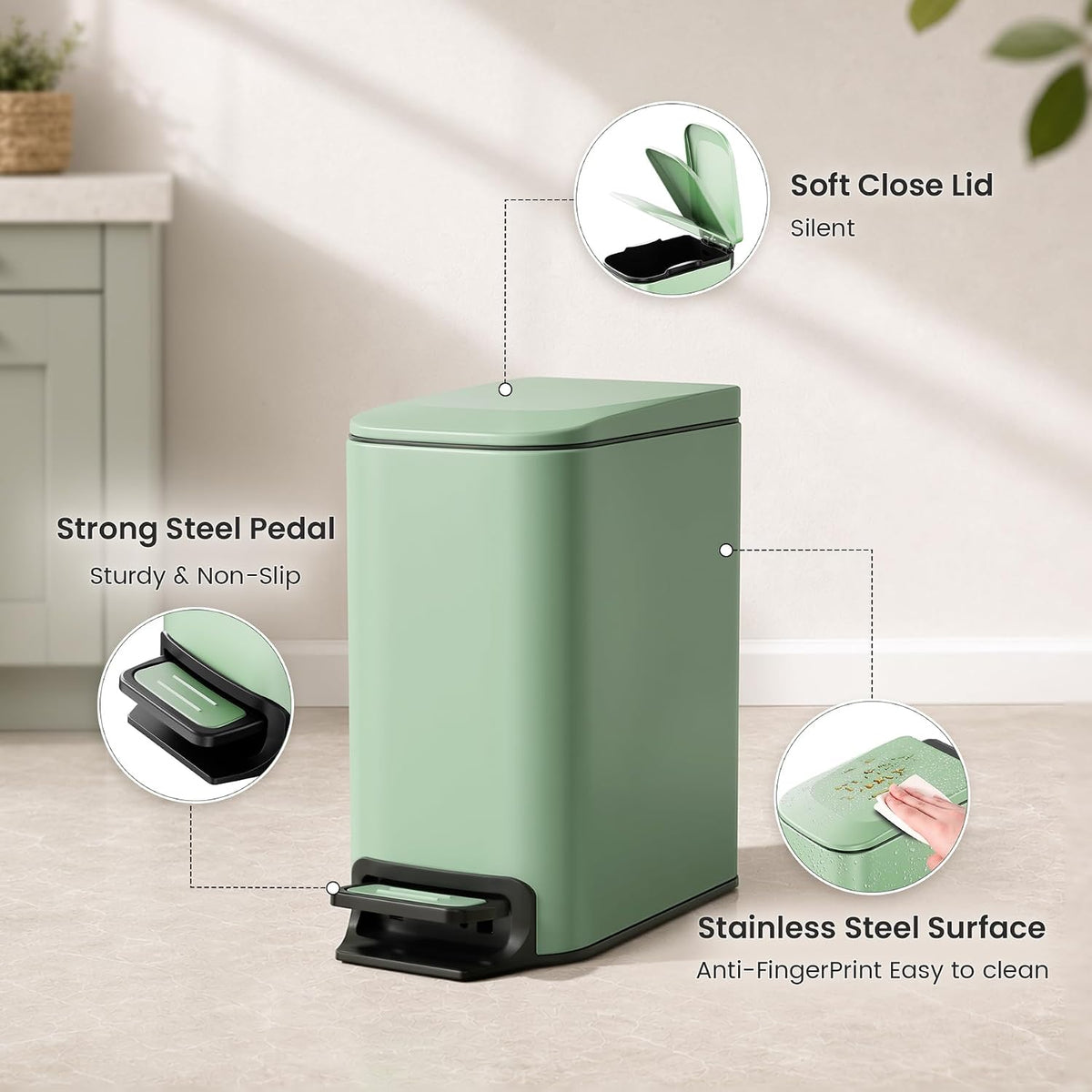Small Bathroom Trash Can with Lid, 1.6 Gal, Soft Close, Matte Black