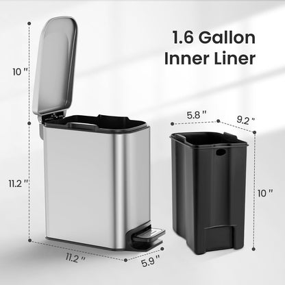 Small Bathroom Trash Can with Lid, 1.6 Gal, Soft Close, Matte Black