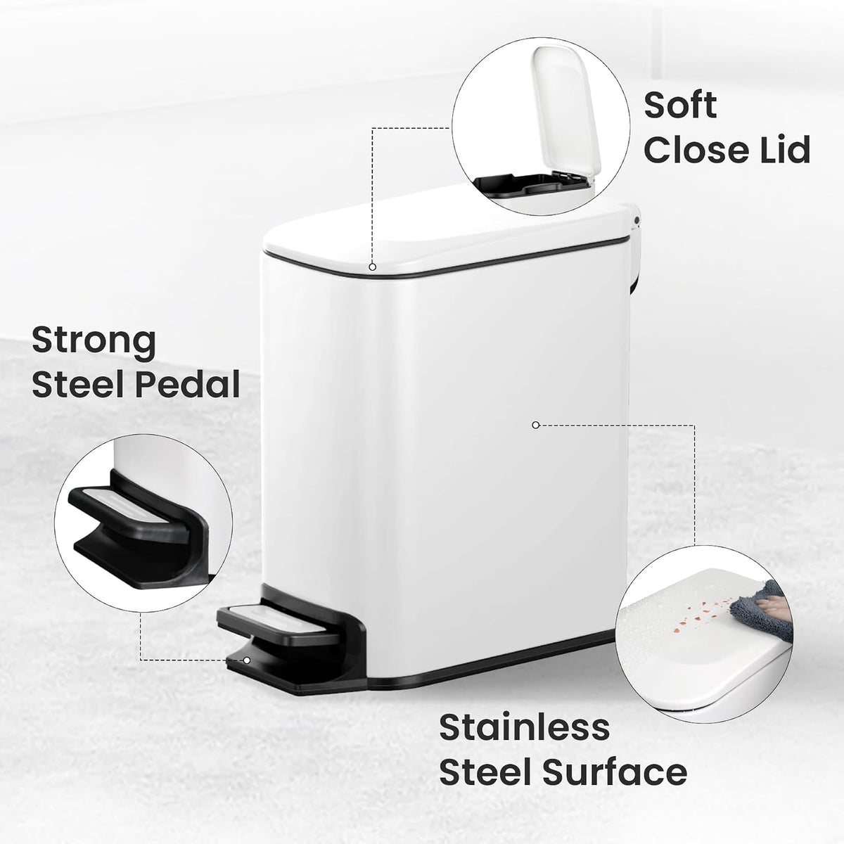 Small Bathroom Trash Can with Lid, 1.6 Gal, Soft Close, Matte Black