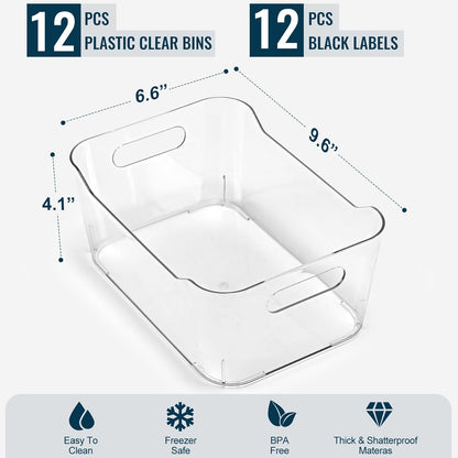 12 PACK Multiuse Clear Plastic Storage Bins for Organizing w/ Labels - Home, Kitchen, Bathroom, Office, Pantry Cabinet Shelf Organizer Bins - SOHO Collection, RV, Fridge Organization Containers
