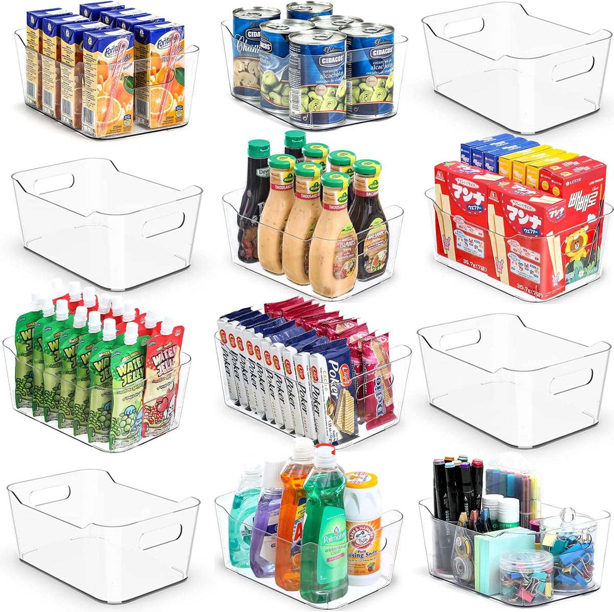 12 PACK Multiuse Clear Plastic Storage Bins for Organizing w/ Labels - Home, Kitchen, Bathroom, Office, Pantry Cabinet Shelf Organizer Bins - SOHO Collection, RV, Fridge Organization Containers