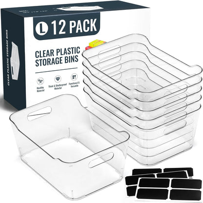12 PACK Multiuse Clear Plastic Storage Bins for Organizing w/ Labels - Home, Kitchen, Bathroom, Office, Pantry Cabinet Shelf Organizer Bins - SOHO Collection, RV, Fridge Organization Containers