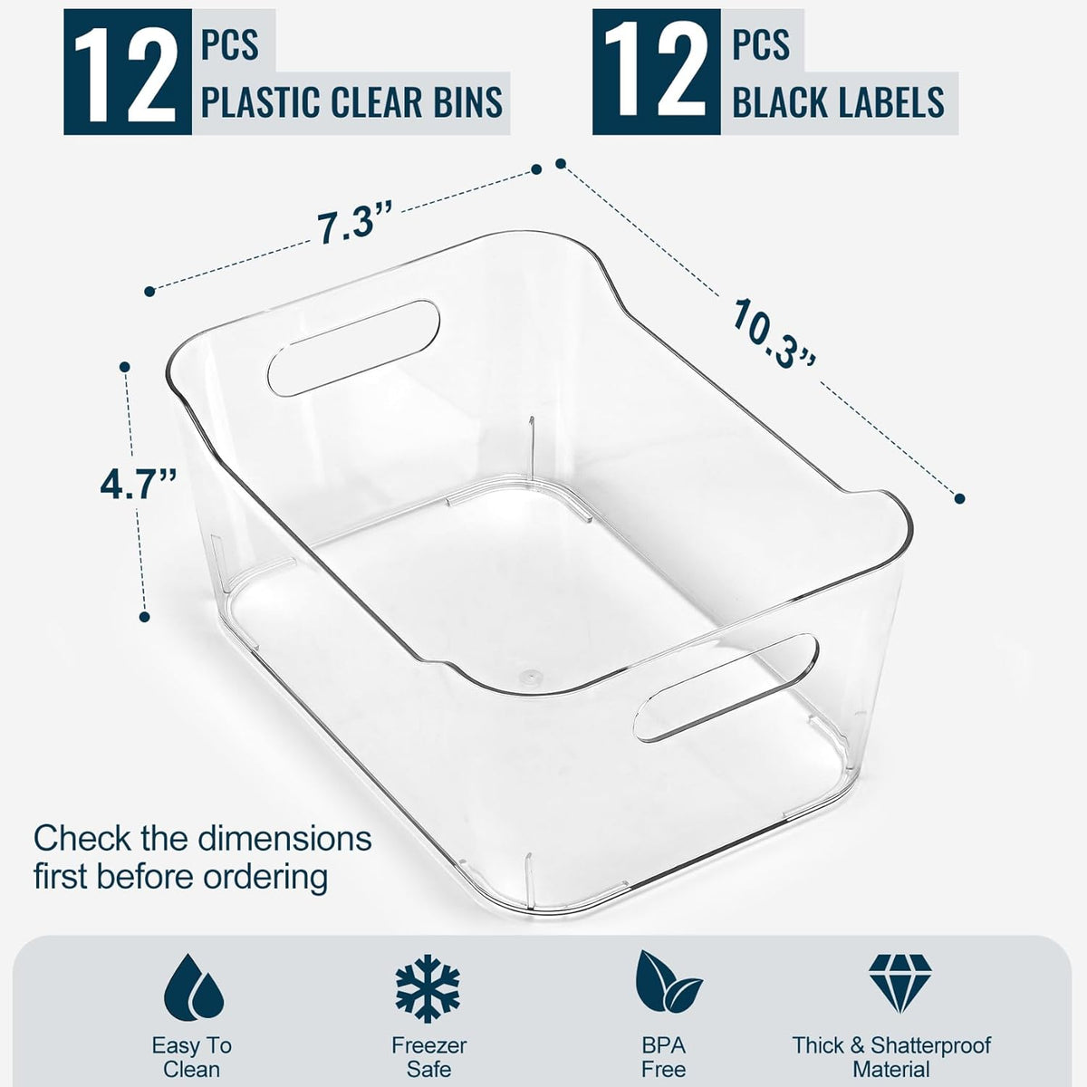 12 PACK Multiuse Clear Plastic Storage Bins for Organizing w/ Labels - Home, Kitchen, Bathroom, Office, Pantry Cabinet Shelf Organizer Bins - SOHO Collection, RV, Fridge Organization Containers