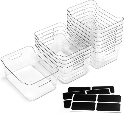 12 PACK Multiuse Clear Plastic Storage Bins for Organizing w/ Labels - Home, Kitchen, Bathroom, Office, Pantry Cabinet Shelf Organizer Bins - SOHO Collection, RV, Fridge Organization Containers
