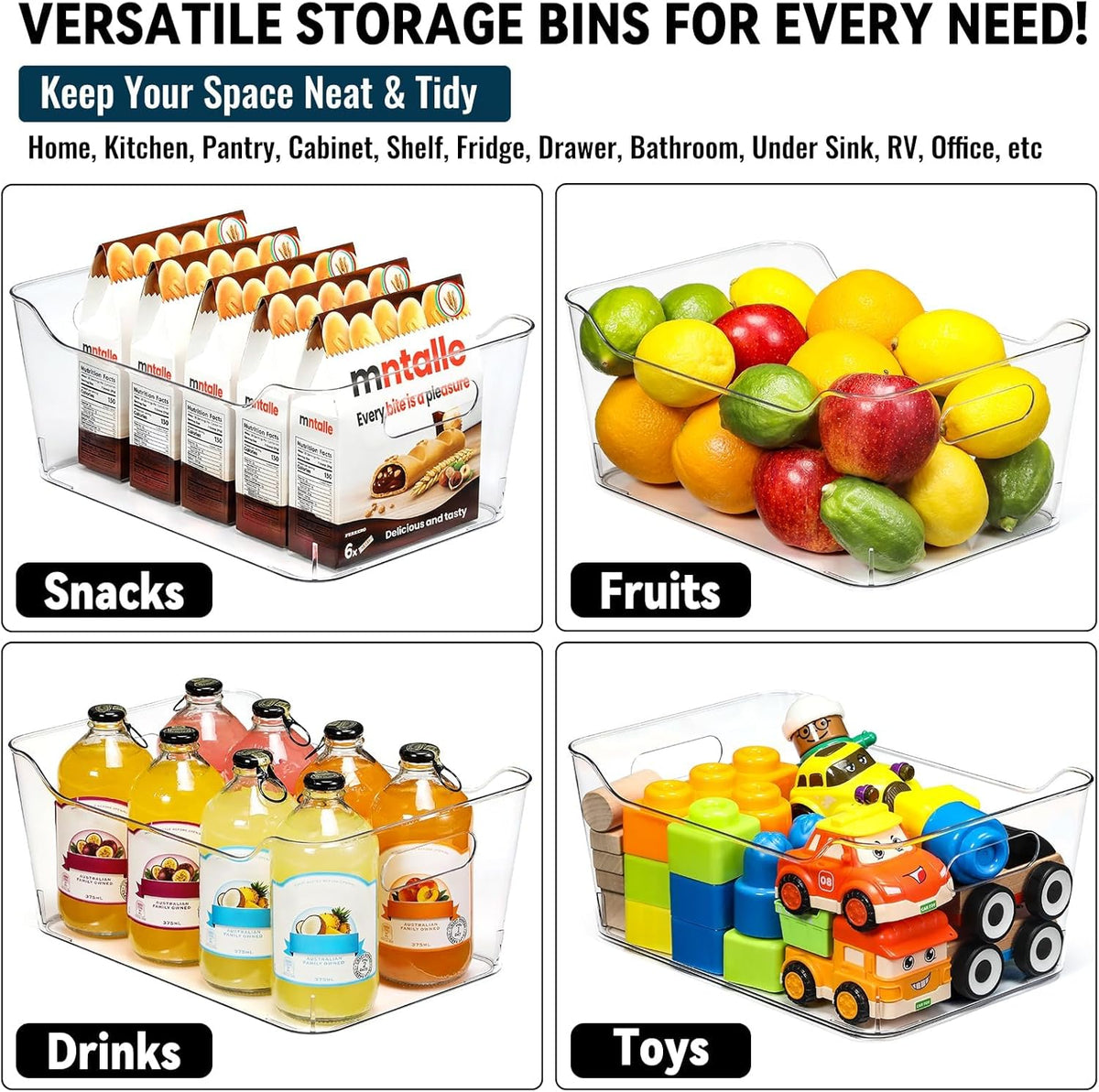 12 PACK Multiuse Clear Plastic Storage Bins for Organizing w/ Labels - Home, Kitchen, Bathroom, Office, Pantry Cabinet Shelf Organizer Bins - SOHO Collection, RV, Fridge Organization Containers