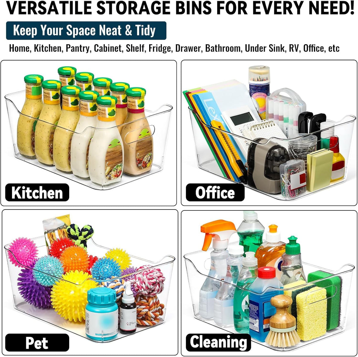 12 PACK Multiuse Clear Plastic Storage Bins for Organizing w/ Labels - Home, Kitchen, Bathroom, Office, Pantry Cabinet Shelf Organizer Bins - SOHO Collection, RV, Fridge Organization Containers