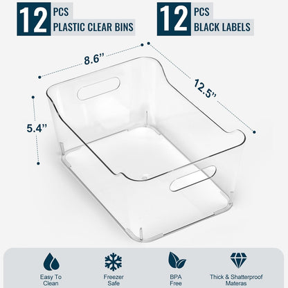 12 PACK Multiuse Clear Plastic Storage Bins for Organizing w/ Labels - Home, Kitchen, Bathroom, Office, Pantry Cabinet Shelf Organizer Bins - SOHO Collection, RV, Fridge Organization Containers