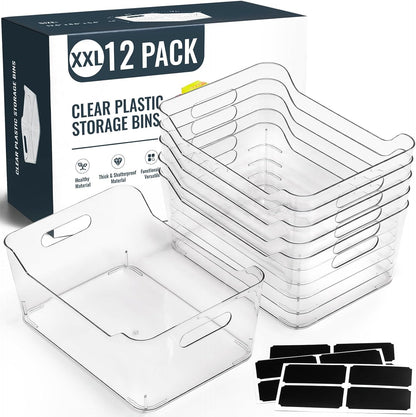 12 PACK Multiuse Clear Plastic Storage Bins for Organizing w/ Labels - Home, Kitchen, Bathroom, Office, Pantry Cabinet Shelf Organizer Bins - SOHO Collection, RV, Fridge Organization Containers