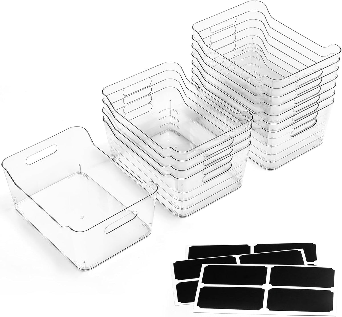 12 PACK Multiuse Clear Plastic Storage Bins for Organizing w/ Labels - Home, Kitchen, Bathroom, Office, Pantry Cabinet Shelf Organizer Bins - SOHO Collection, RV, Fridge Organization Containers