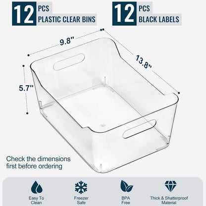 12 PACK Multiuse Clear Plastic Storage Bins for Organizing w/ Labels - Home, Kitchen, Bathroom, Office, Pantry Cabinet Shelf Organizer Bins - SOHO Collection, RV, Fridge Organization Containers