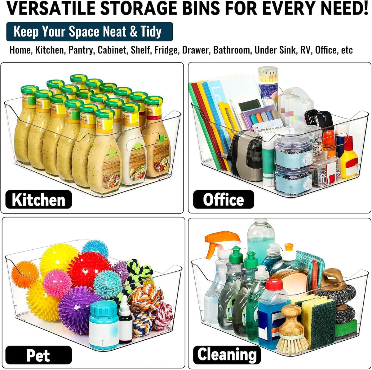 12 PACK Multiuse Clear Plastic Storage Bins for Organizing w/ Labels - Home, Kitchen, Bathroom, Office, Pantry Cabinet Shelf Organizer Bins - SOHO Collection, RV, Fridge Organization Containers