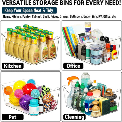 12 PACK Multiuse Clear Plastic Storage Bins for Organizing w/ Labels - Home, Kitchen, Bathroom, Office, Pantry Cabinet Shelf Organizer Bins - SOHO Collection, RV, Fridge Organization Containers