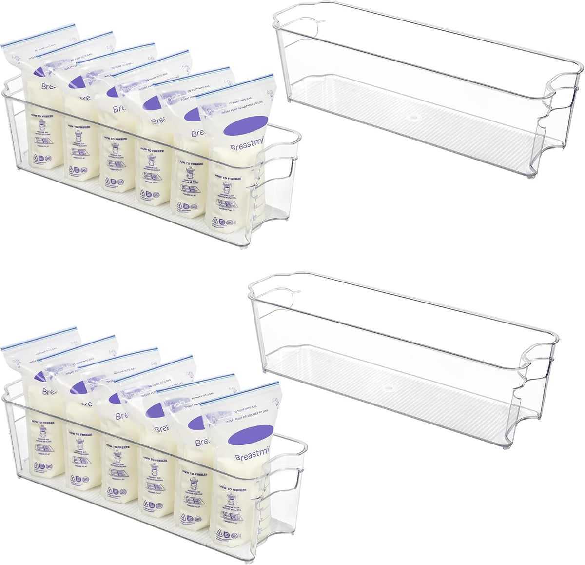 4Pcs Clear Breastmilk Storage Bags Container in Freezer Fridge | BPA-free Plastic Storage Bins, For Breast Milk Baby Pouches Formula Bottles and Yogurts, In Freezer Fridge and Pantry