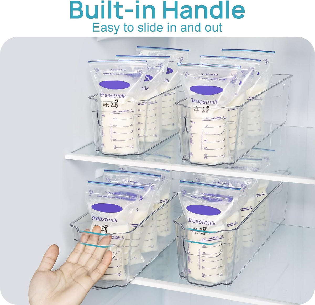 4Pcs Clear Breastmilk Storage Bags Container in Freezer Fridge | BPA-free Plastic Storage Bins, For Breast Milk Baby Pouches Formula Bottles and Yogurts, In Freezer Fridge and Pantry
