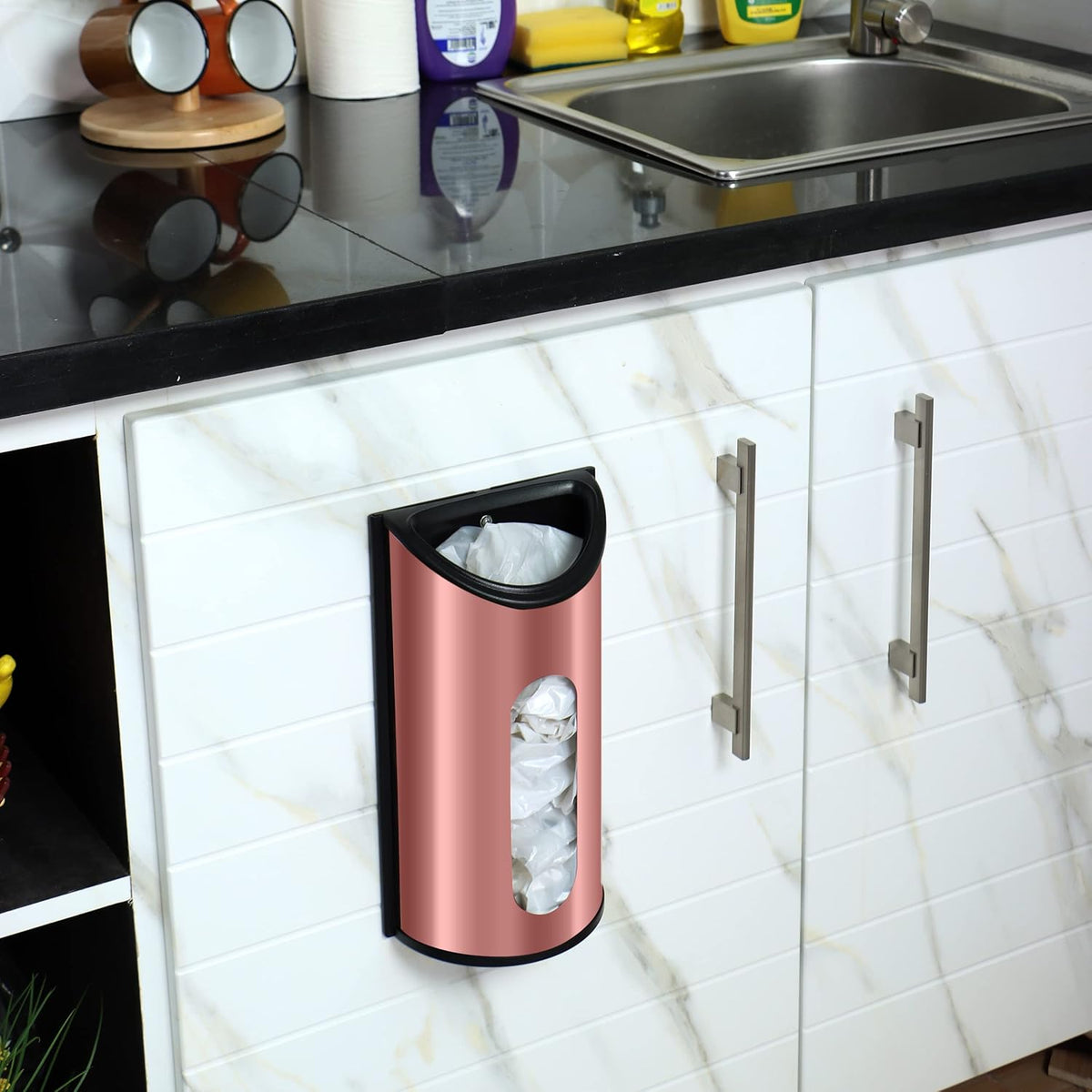 Wall-Mounted Stainless Steel Grocery Bag Holder & Dispenser, Space-Saving Plastic Bag Holder for Kitchen, Pantry or Cabinet, Reusable Plastic Bag Organizer, Silver