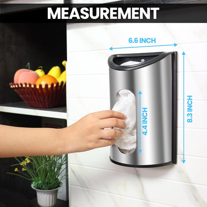 Wall-Mounted Stainless Steel Grocery Bag Holder & Dispenser, Space-Saving Plastic Bag Holder for Kitchen, Pantry or Cabinet, Reusable Plastic Bag Organizer, Silver
